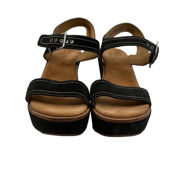 Clarks Women's Artisan Black Suede Asiley Orchid Wedge Sandals Size 11W - Picture 3 of 9